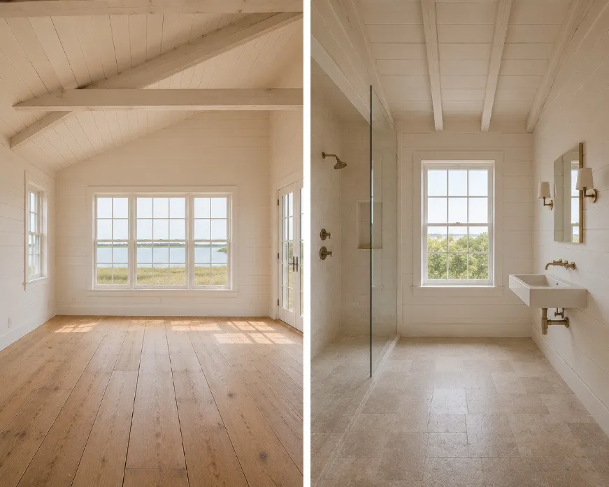 A restored bathroom with wide-plank floors and a view to the water
