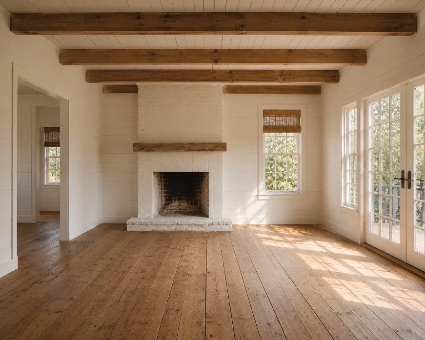 A whitewashed room with exposed beams and an original hearth