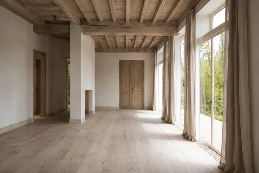 An empty room in raw timber, full of afternoon light