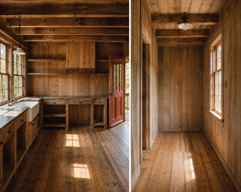 A cedar kitchen passage in a Fire Island cabin