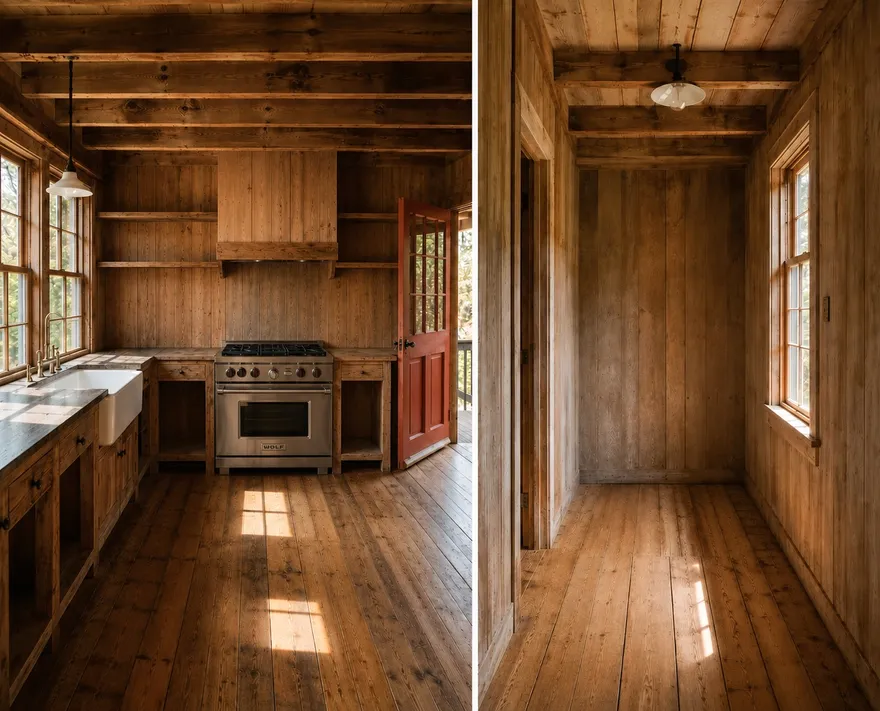 A timber kitchen with farmhouse sink and range, beside a wood-lined hall