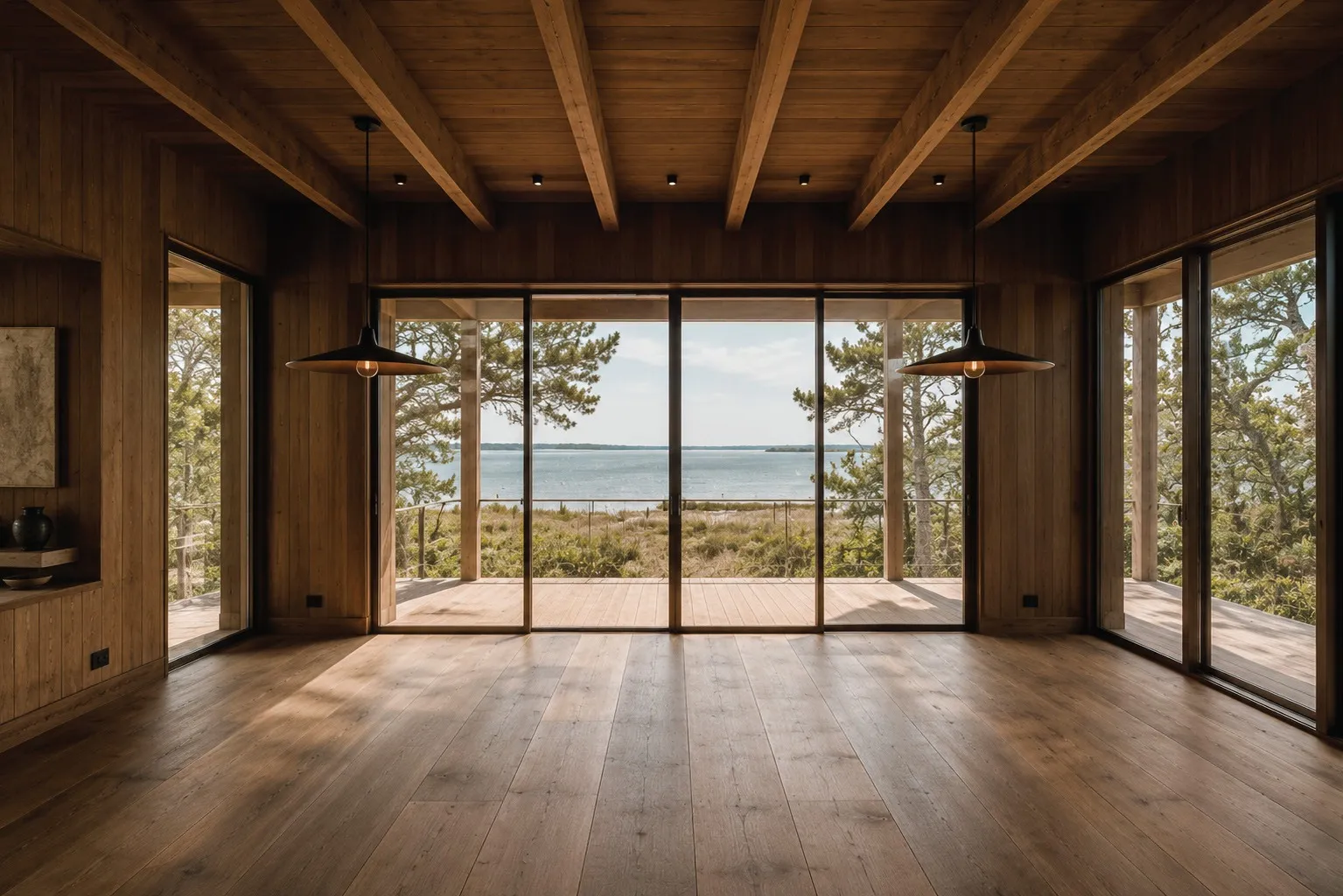 A timber-lined room opening entirely to the bay through sliding glass walls