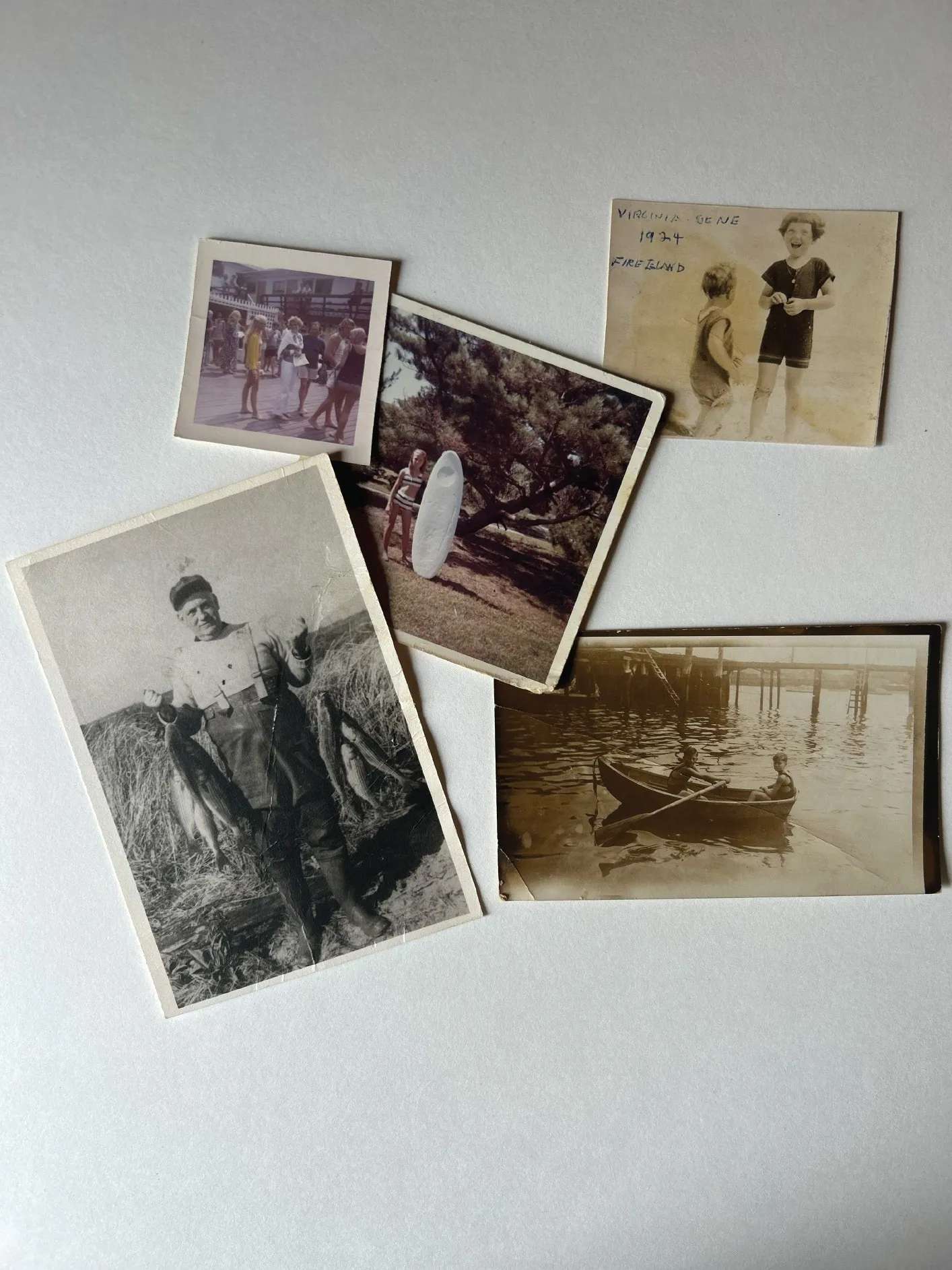 A collection of family photographs from five generations on Fire Island, laid out like an open album